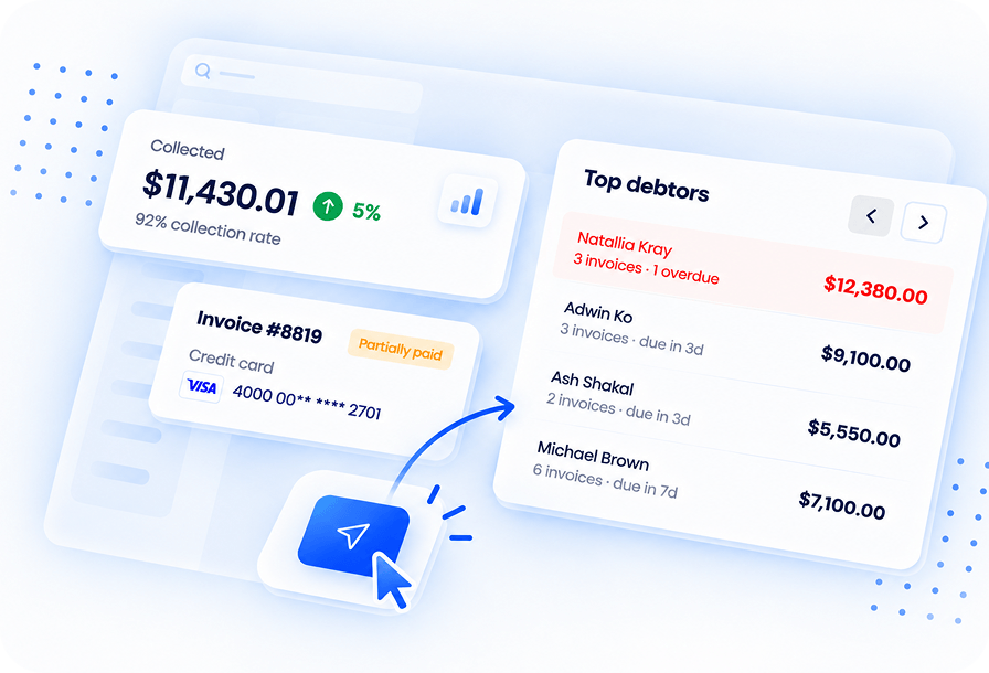 Dashboard with payments already collected, the detail behind a single invoice and the customers still to pay